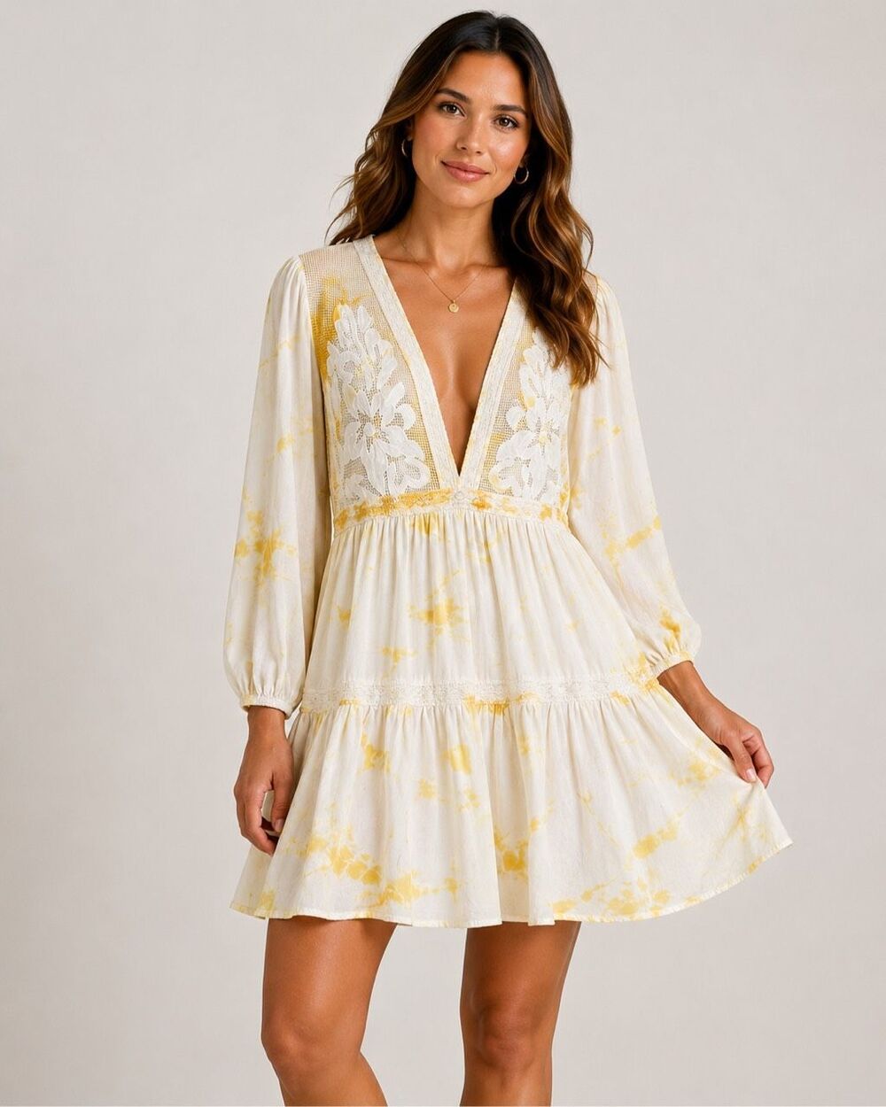 Blue Island Boho Mustard Tie Dye Embroidered Lace Mini Dress Women L